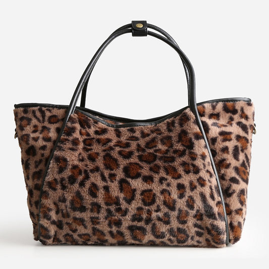 Leopard Print Faux Fur Tote Bag Shoulder Purse for Women Chic Animal Print Bags