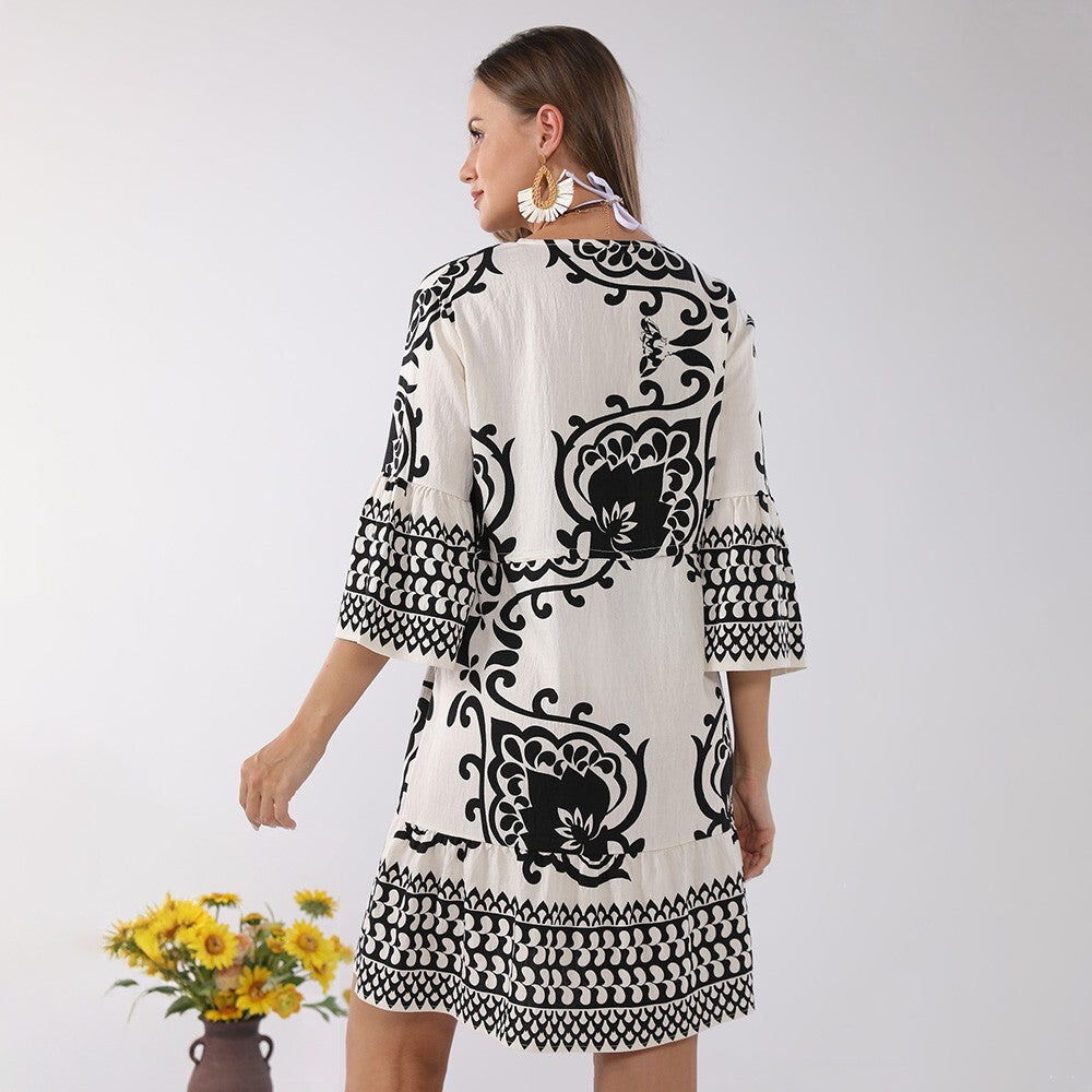 Boho Embroidered Tunic Summer Dress Loose Fit V-Neck Short Sleeve Beach Wear