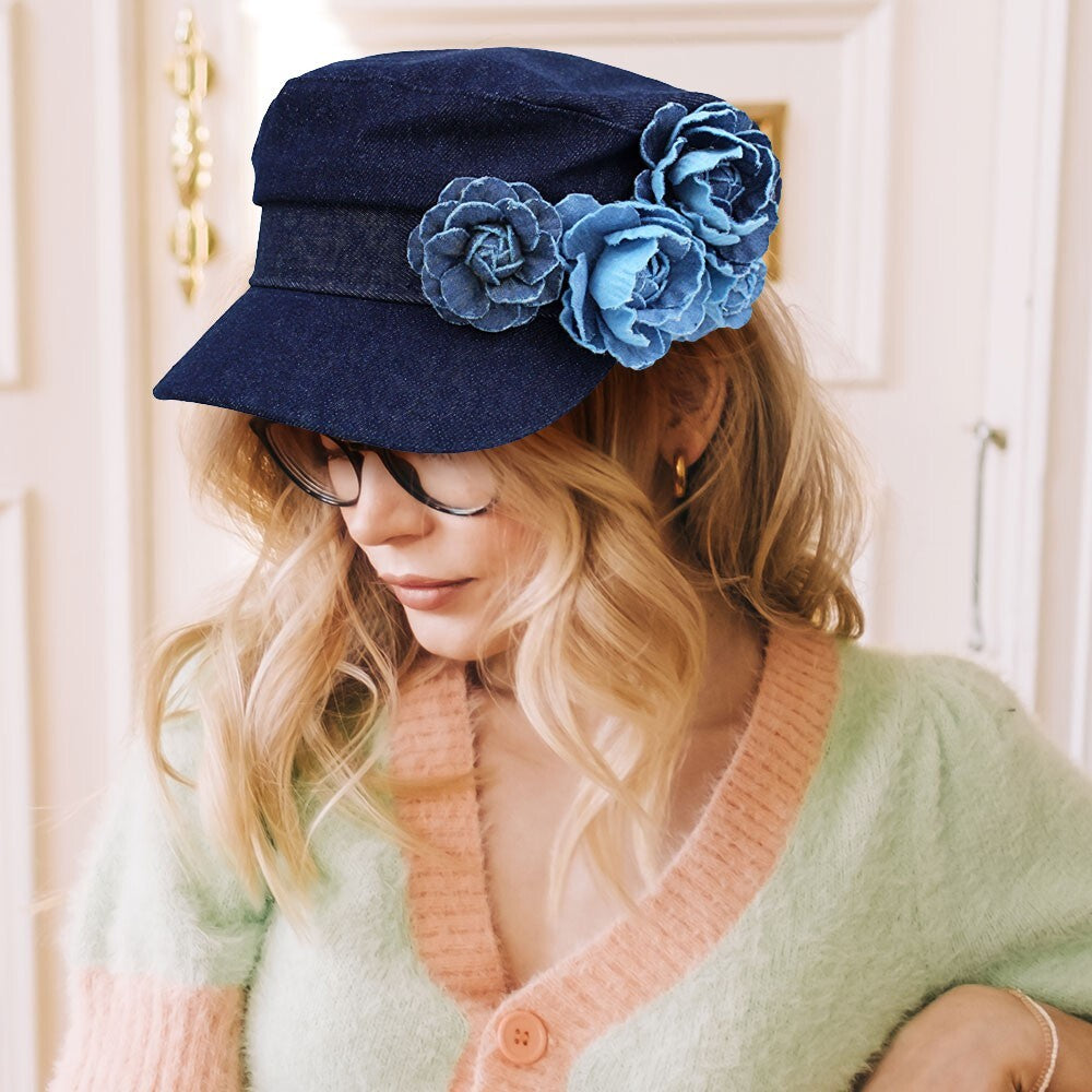 Women's Denim Beret Hat with Embroidered Flowers Chic Casual French Style Caps