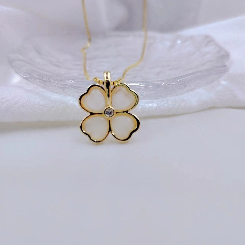 Gold Plated 4 Leaf Clover Mother of Pearl Pendant Necklace Charm Dainty Jewelry