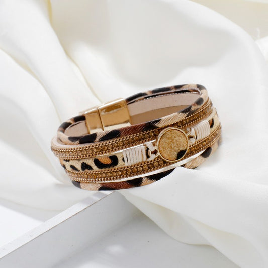 Gold Plated Magnetic Clasp Leopard Print Multi-layer Leather Cuff Bracelet Gift