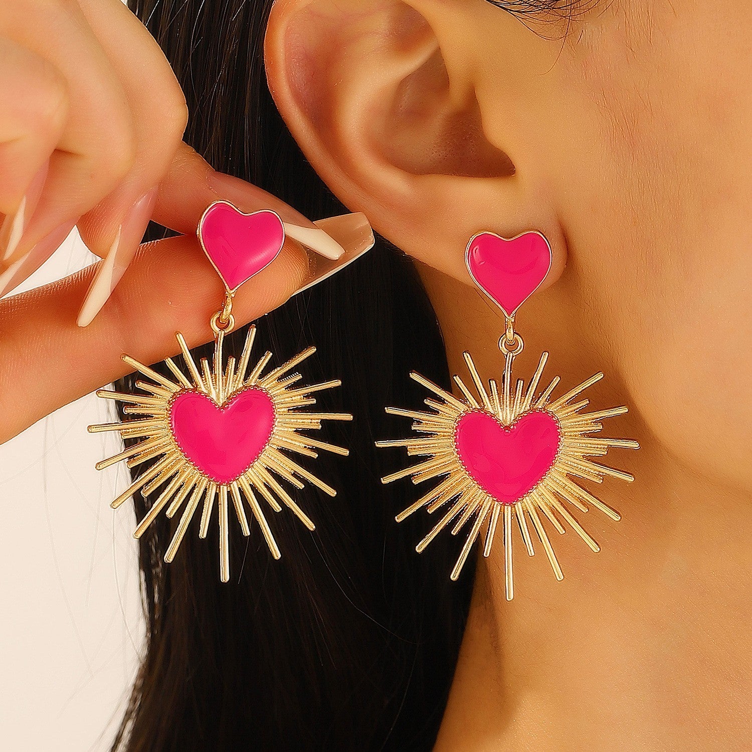 Hot Pink Enamel Heart Sunburst Drop Dangle Earrings Gold Tone Statement