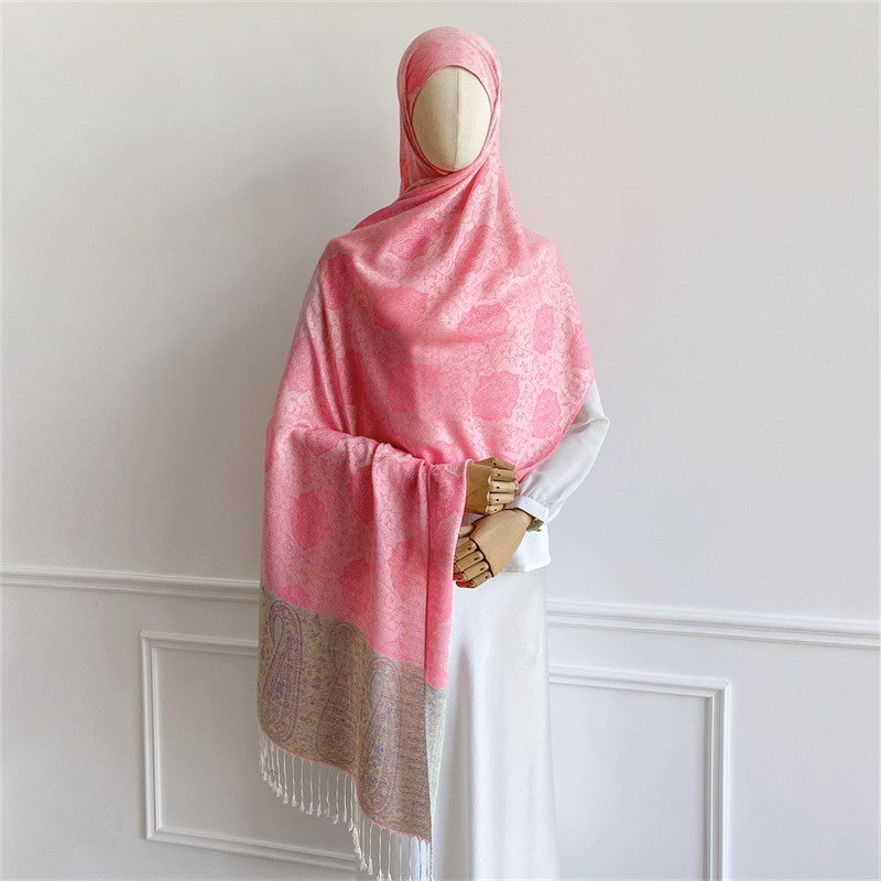 Pink Paisley Pashmina Scarf Shawl Wrap Floral Jacquard Tassel Hijab 28x71"