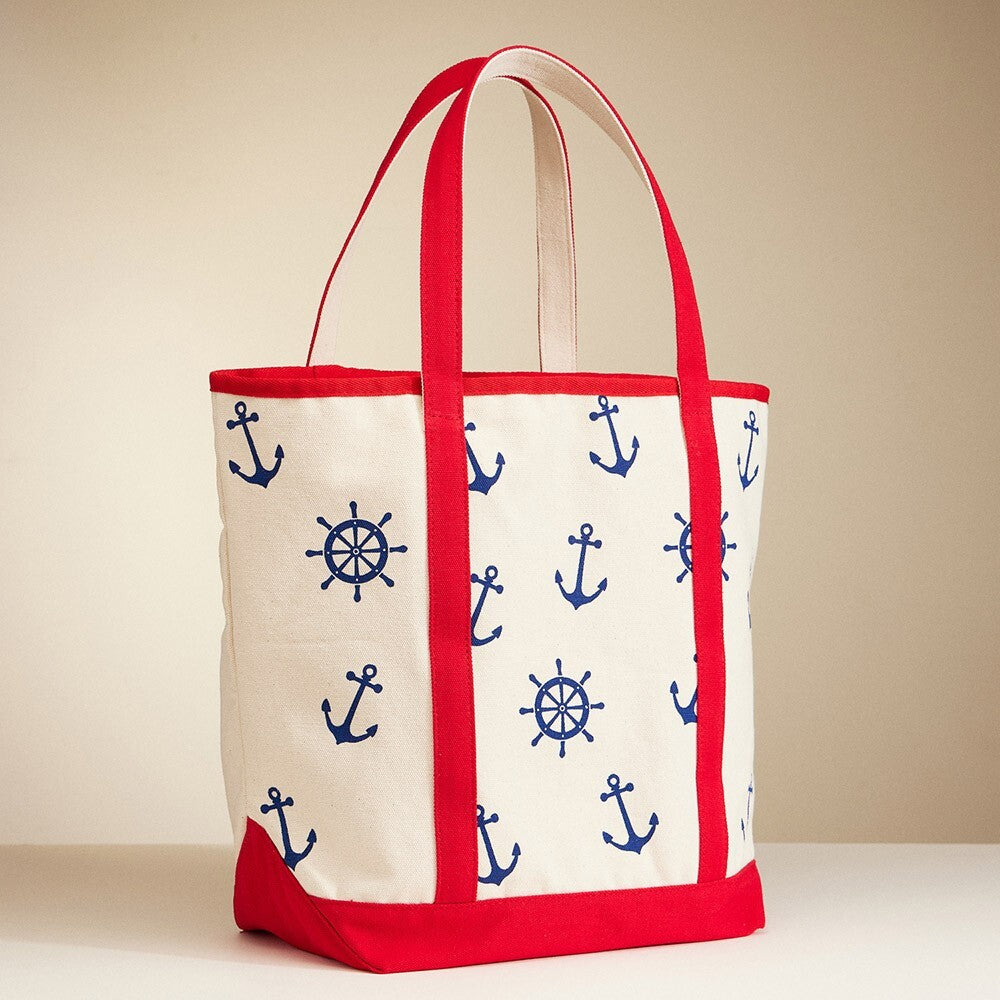 Anchor Wheel Printed Canvas Tote Bag Nautical Beach Travel Shoulder Handbag