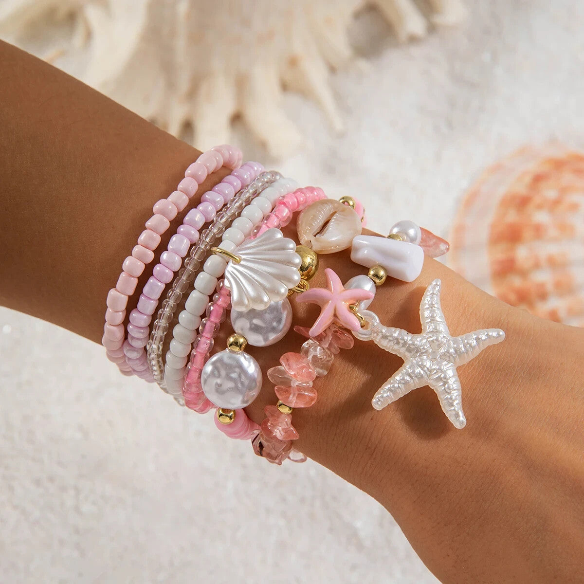 5pcs Boho Beach Shell Charm Bracelet Set for Women Ocean Jewelry Pink Bracelets