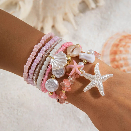 5pcs Boho Beach Shell Charm Bracelet Set for Women Ocean Jewelry Pink Bracelets
