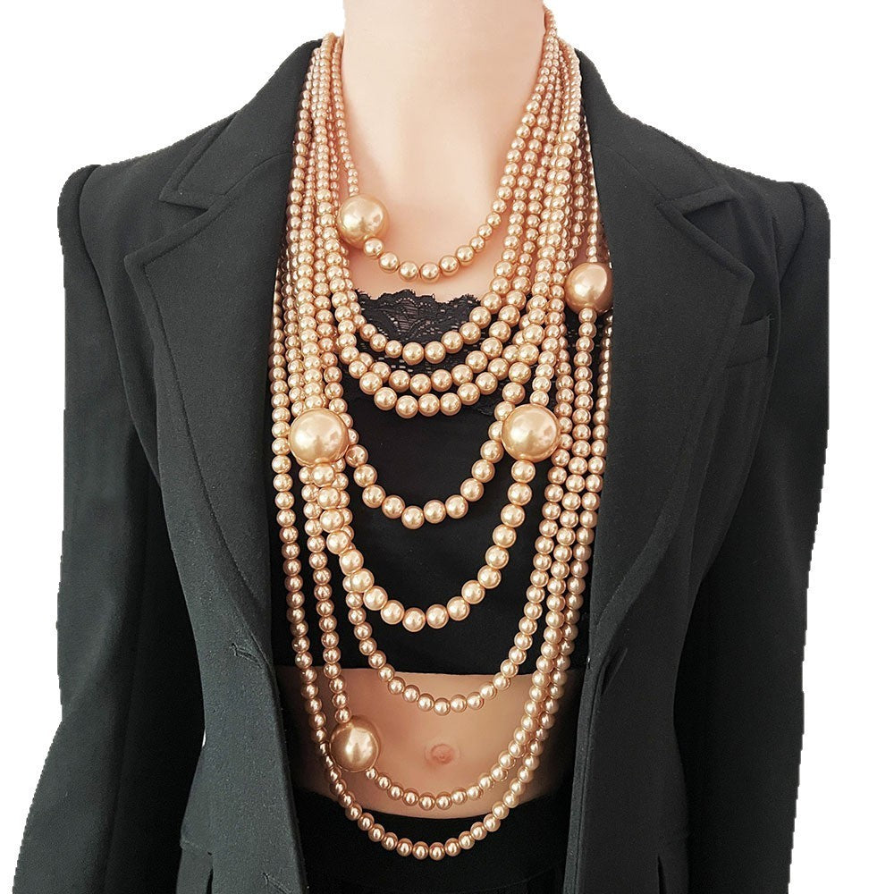 Multi Strand Champagne Pearl Necklace Earring Set Statement Jewelry