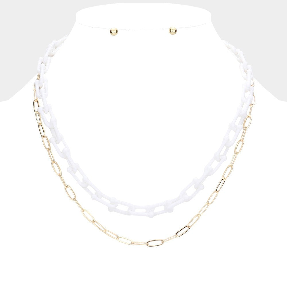 2pcs White Gold Layered Link Chain Necklace Set Stud Earrings Fashion Jewelry
