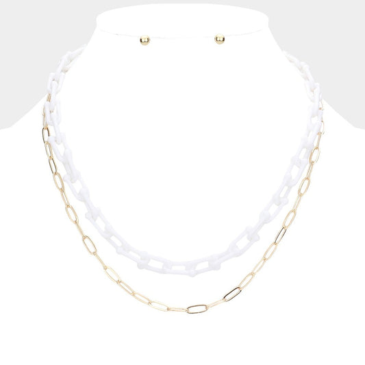 2pcs White Gold Layered Link Chain Necklace Set Stud Earrings Fashion Jewelry