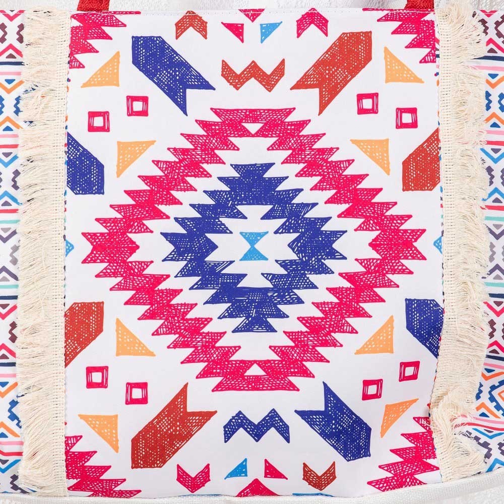 Boho Aztec Print Tote Bag with Fringe Large Canvas Shoulder Bag for Beach