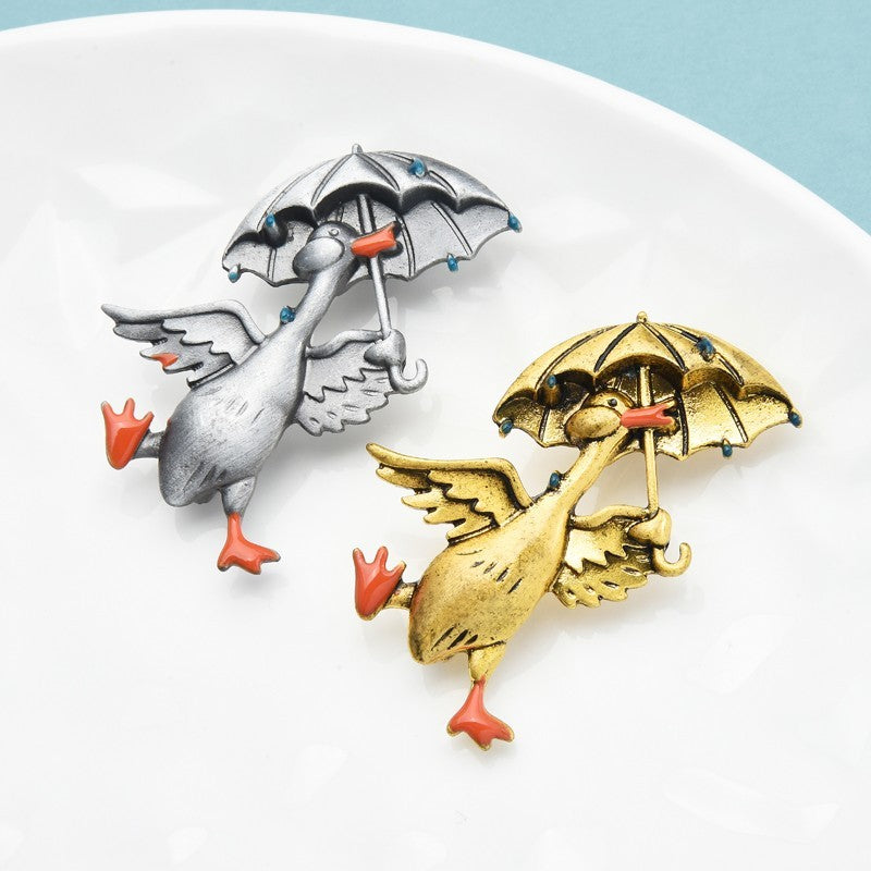 2PCs Duck & Umbrella Brooch Pin Set Vintage Style Gold  and Silver Tone Jewelry