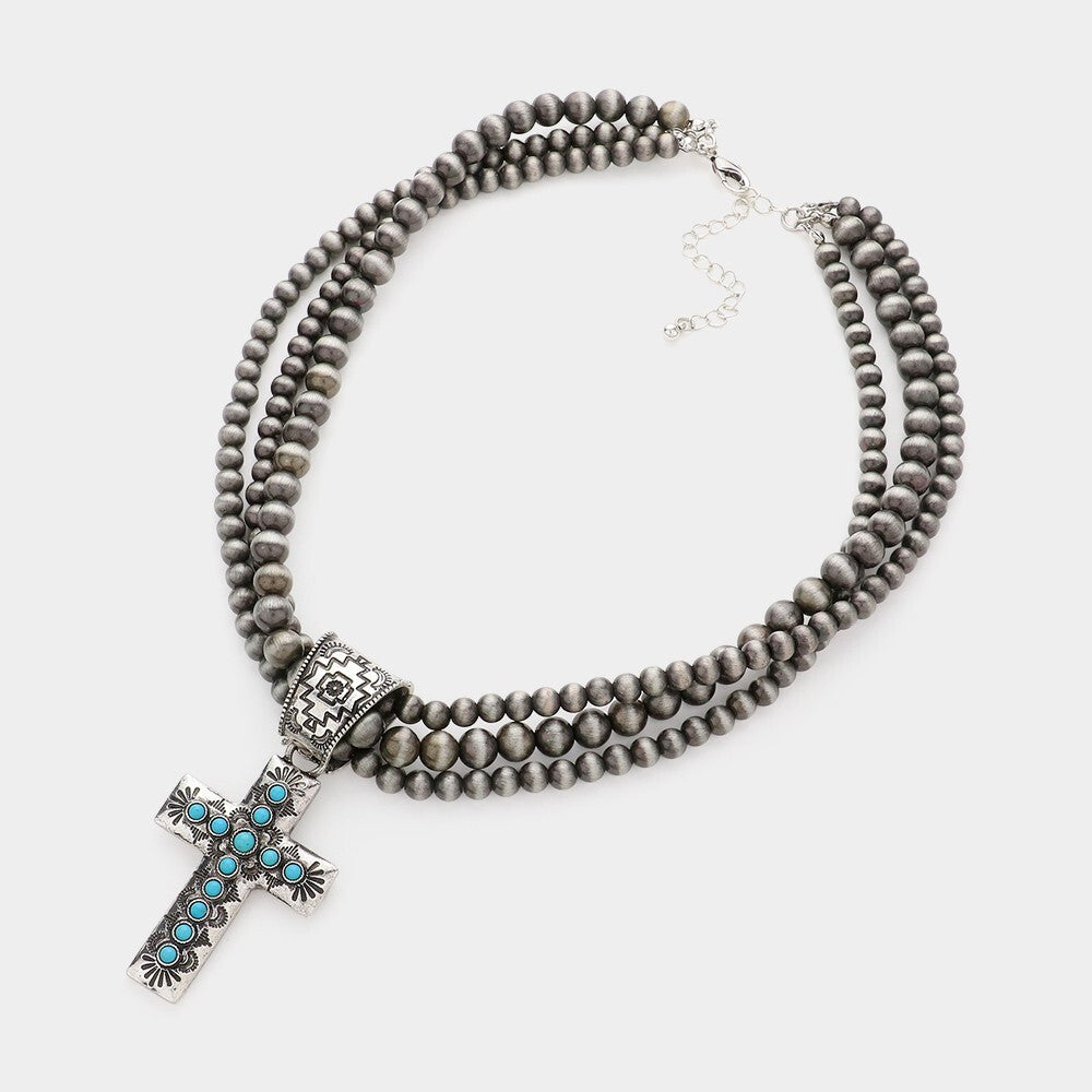 Western Turquoise  Cross  Pendant Multi Layered Necklace Unisex