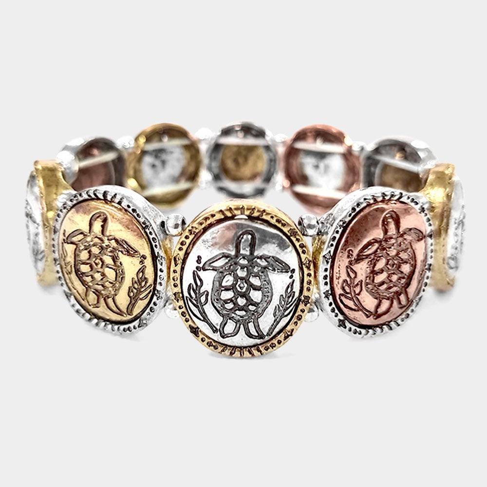 Tri Tone Sea Turtle Metal Stretch Bracelet for Women Boho Beach Jewelry