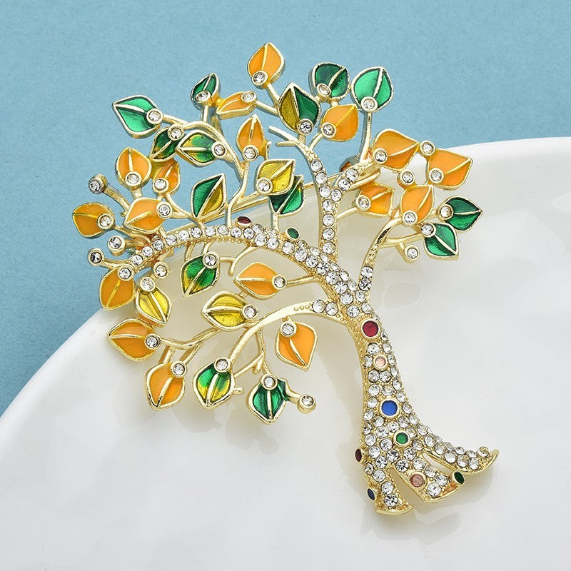 Tree of Life Brooch Rhinestone Enamel Gold Tone Leaf Branch Plant Pin
