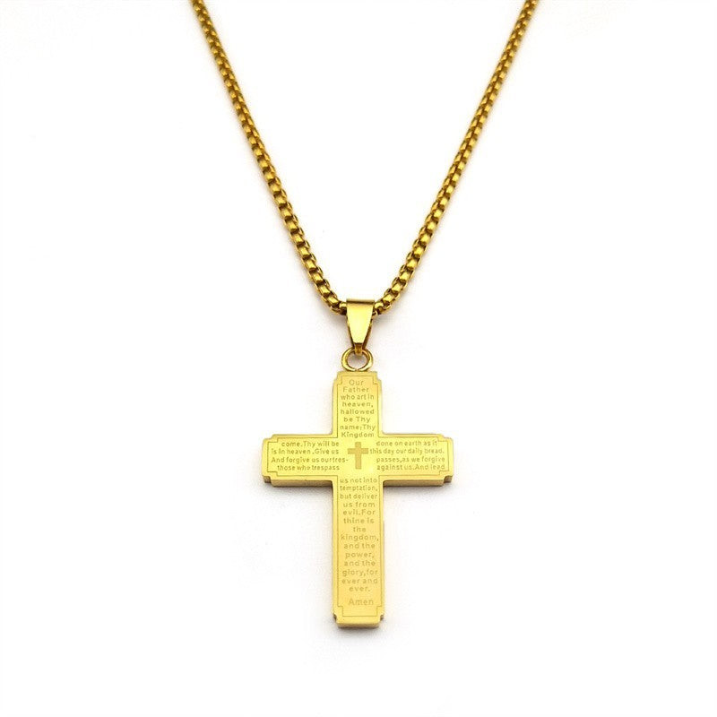 Gold Stainless Steel Cross Pendant Necklace with Lord’s Prayer Engraving Christi