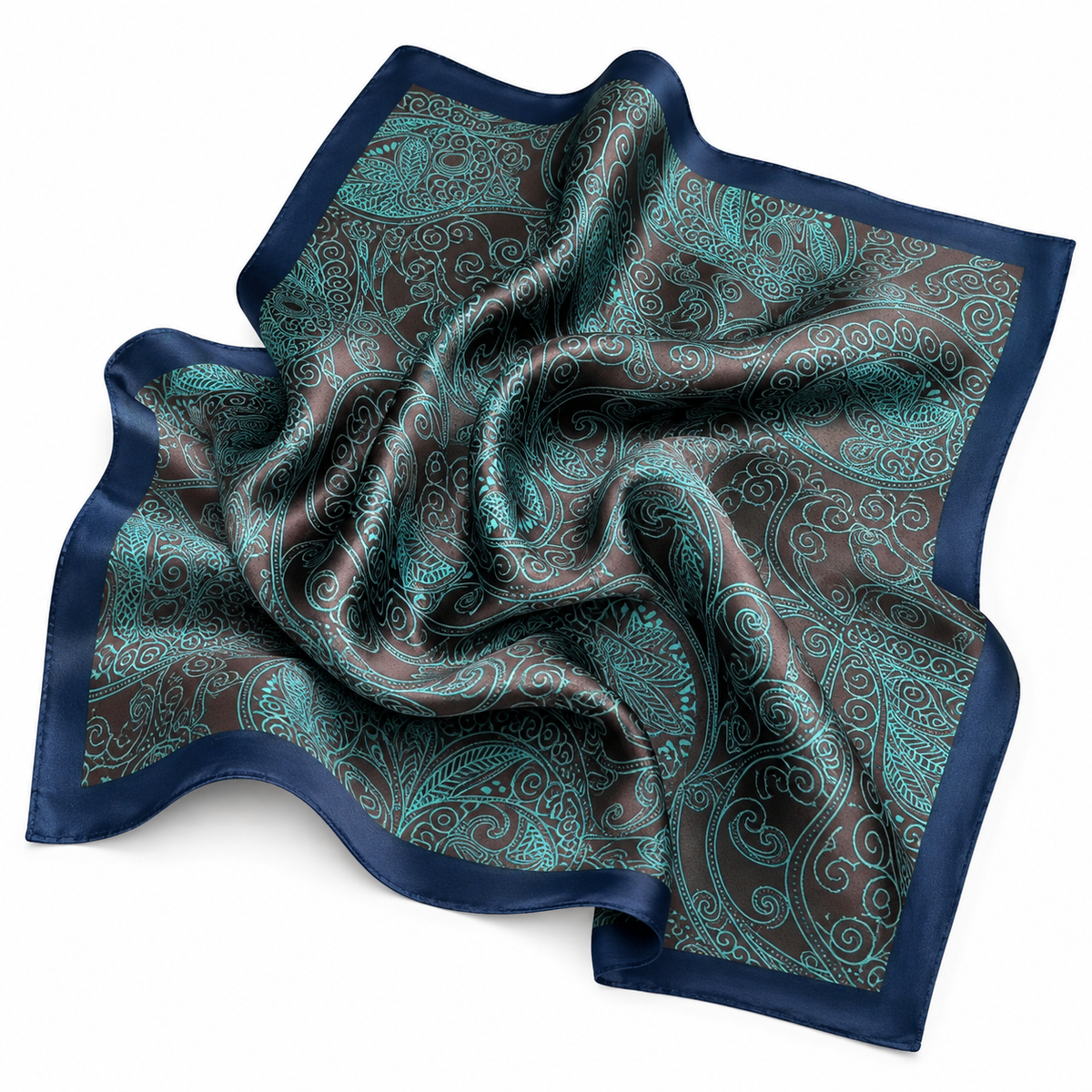 Teal Navy Paisley Satin Square Scarf – 27 Inch Silk-Feel Neck Wrap & Hair Scarf