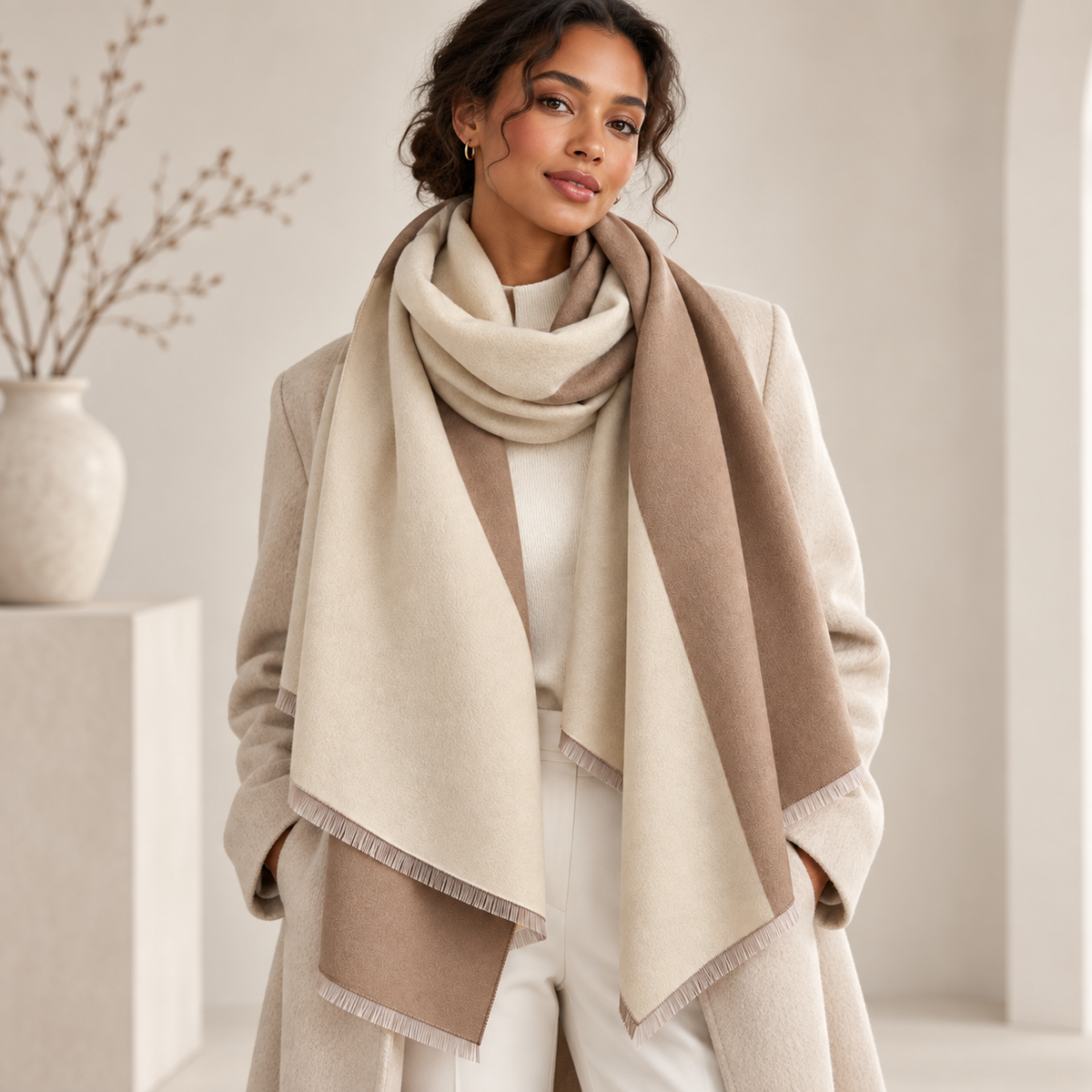 Reversible Two-Tone Shawl Wrap Scarf | Cashmere-Soft | Beige & Brown | 72.8"