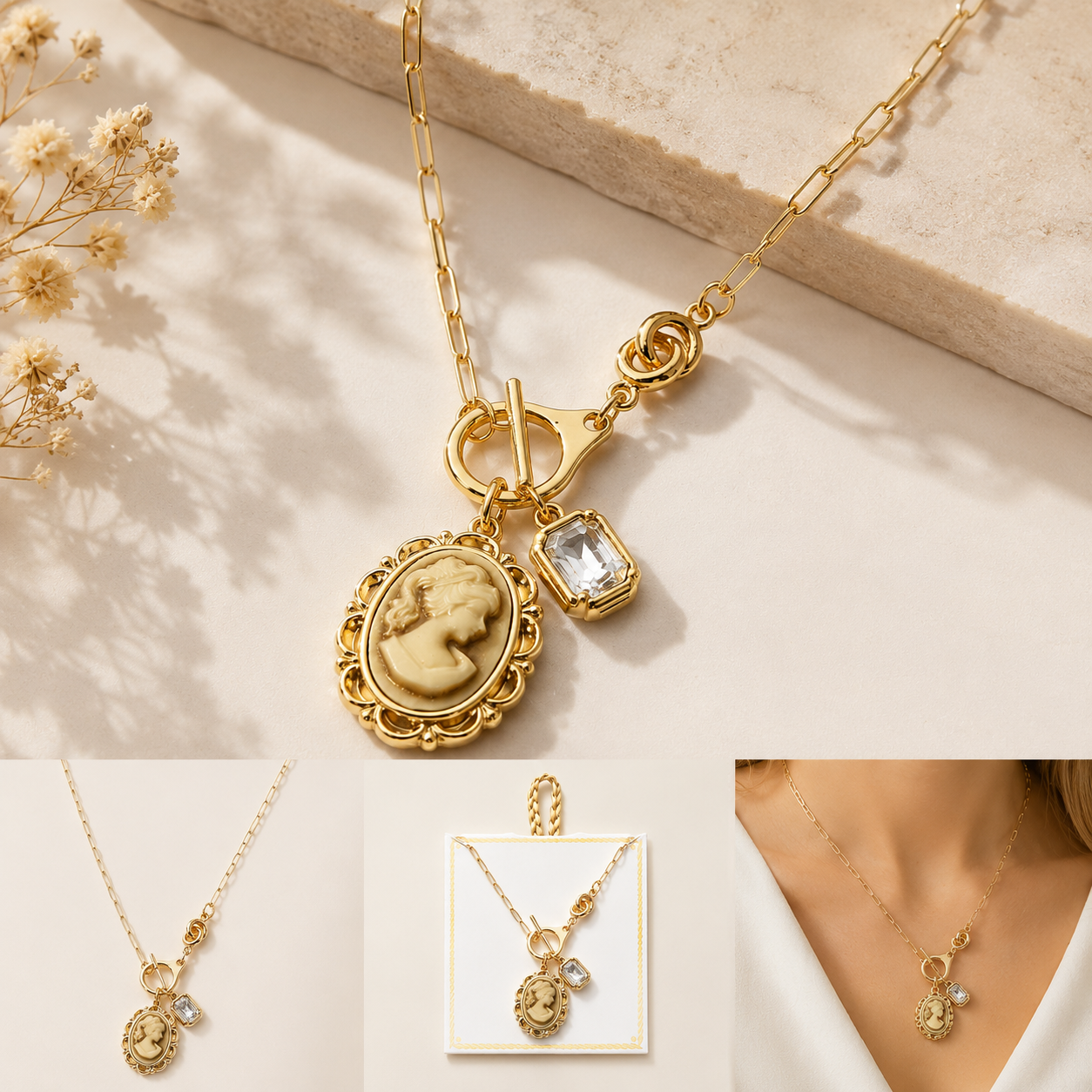 Vintage Cameo Charm Toggle Paperclip Chain Necklace Gold Dipped Natural Stone Pendant