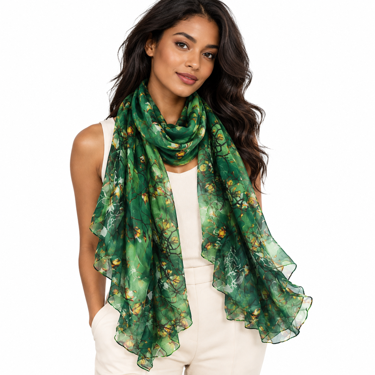 Emerald Green Floral Print Chiffon Scarf