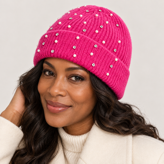 Hot Pink Pearl & Rhinestone Embellished Ribbed Beanie