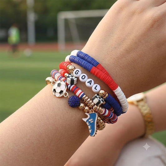 5PCS Soccer Shoe Charm Goal Message Heishi Beaded Stretch Bracelet Set Multi Layered Sports Fan Jewelry Game Day World Cup Accessories