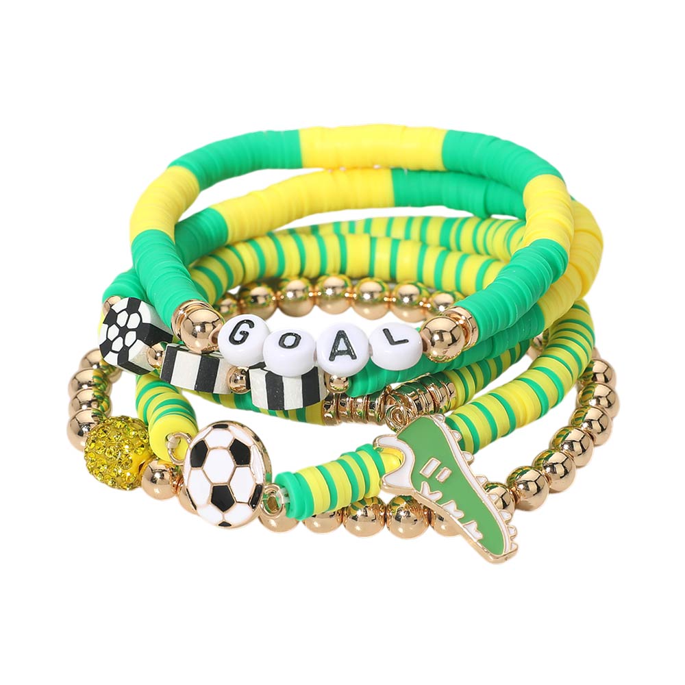5PCS Soccer Shoe Charm Goal Message Heishi Beaded Stretch Bracelet Set Multi Layered Game Day Soccer Fan Jewelry World Cup Accessories