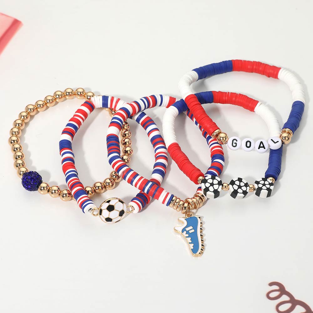5PCS Soccer Shoe Charm Goal Message Heishi Beaded Stretch Bracelet Set Multi Layered Sports Fan Jewelry Game Day World Cup Accessories