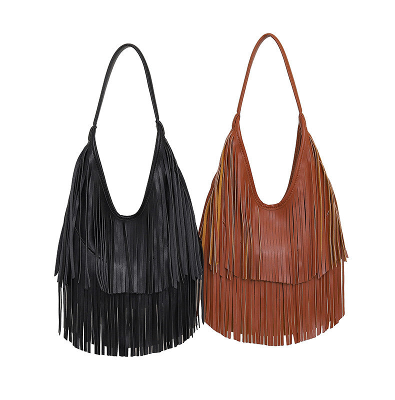 Womens Fringe Hobo Bag Tassel Shoulder Tote Faux Leather Boho Satchel Purse