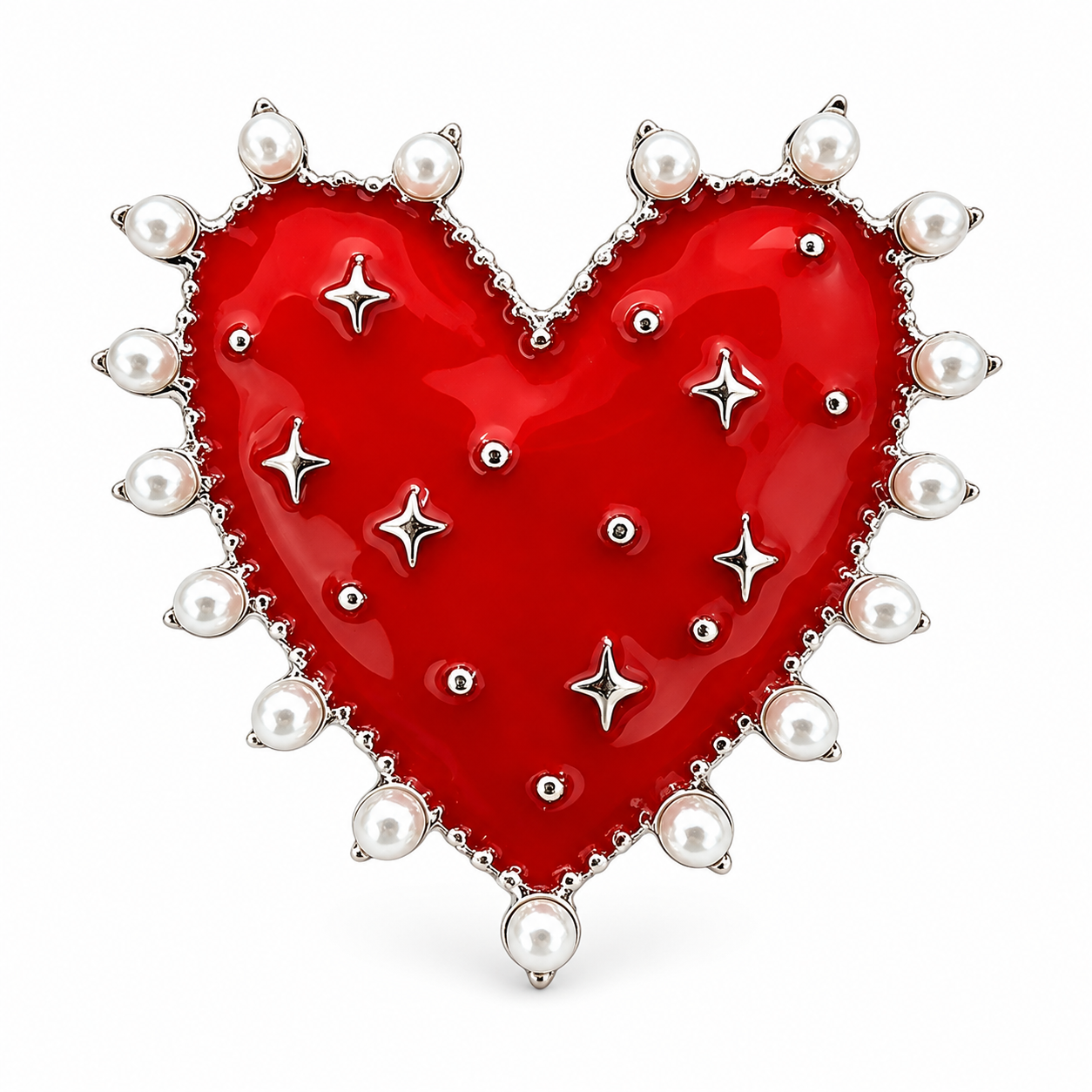 Red Enamel Heart Brooch Set of 3 – Pearl Border, Multicolor Gemstone & Crystal Star
