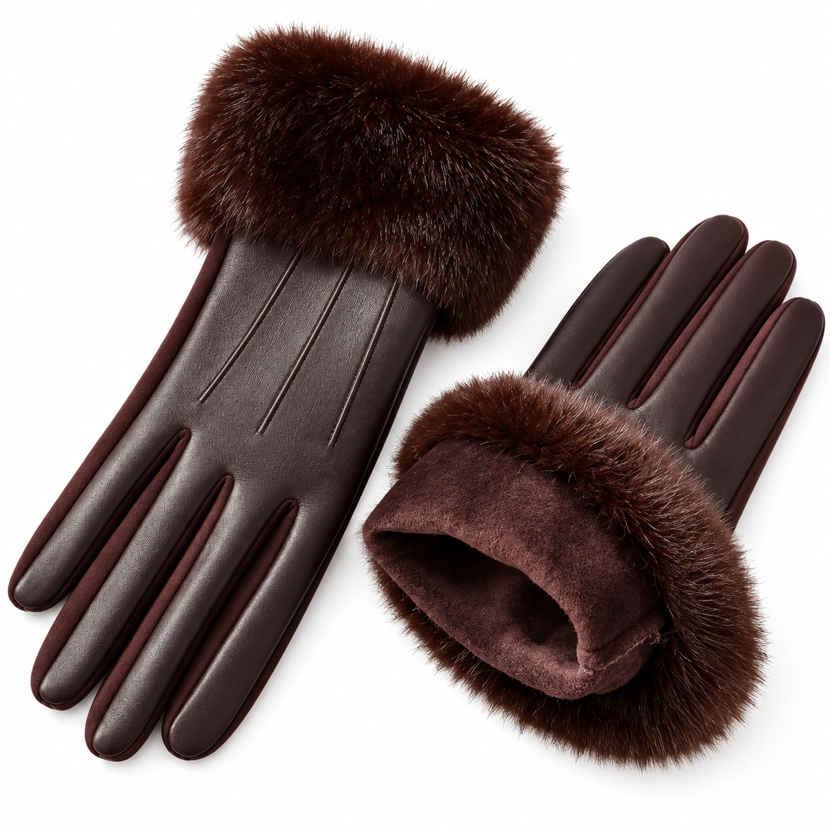 Women's Chocolate Brown Faux Leather Gloves with Faux Fur Cuffs