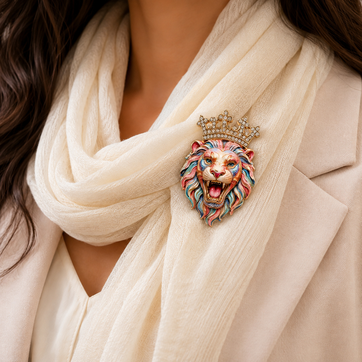 Colorful Crowned Lion Head Brooch Crystal Enamel Statement Pin