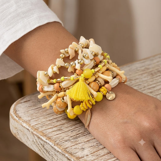 8pcs Boho Wood Bead Leaf Tassel Charm Bracelet Set
