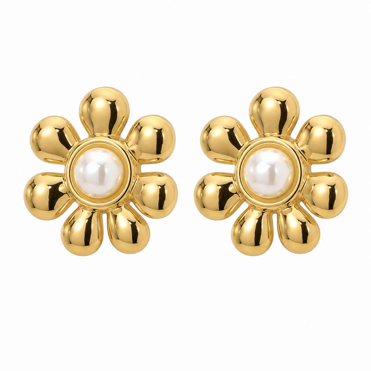 Waterproof Stainless Steel Gold Pearl Flower Stud Earrings