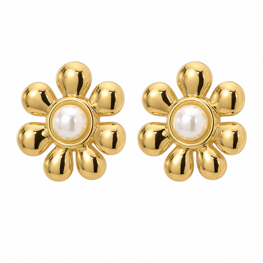 Waterproof Stainless Steel Gold Pearl Flower Stud Earrings
