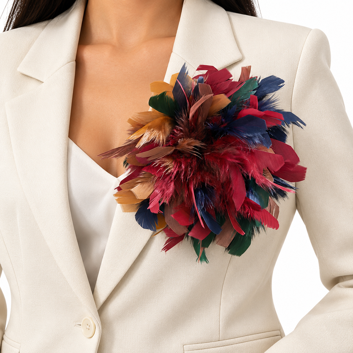 Black & Multicolor Feather Brooch Set – 2 Large Statement Pins