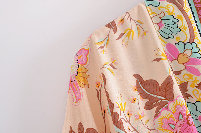 Boho Floral Tie-Front Kimono Cardigan - Lightweight Bohemian Cover-Up