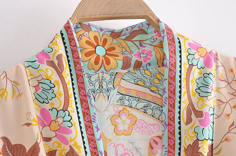 Boho Floral Tie-Front Kimono Cardigan - Lightweight Bohemian Cover-Up