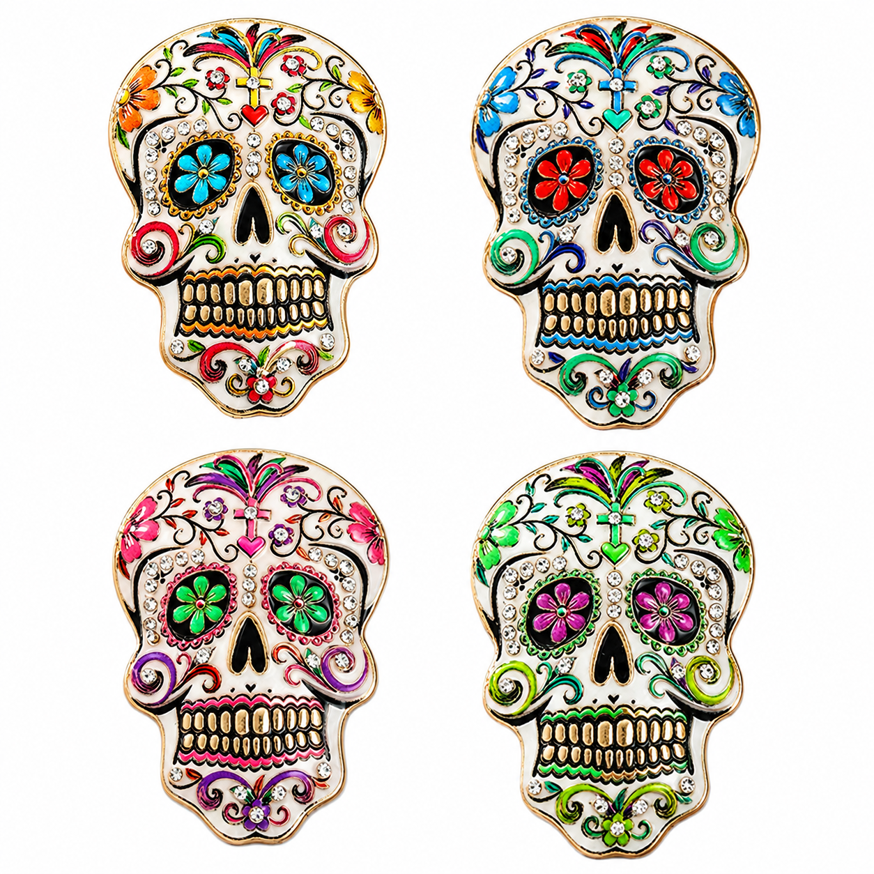 Sugar Skull Enamel Brooch Pin Set of 4 | Colorful Day of the Dead Pins