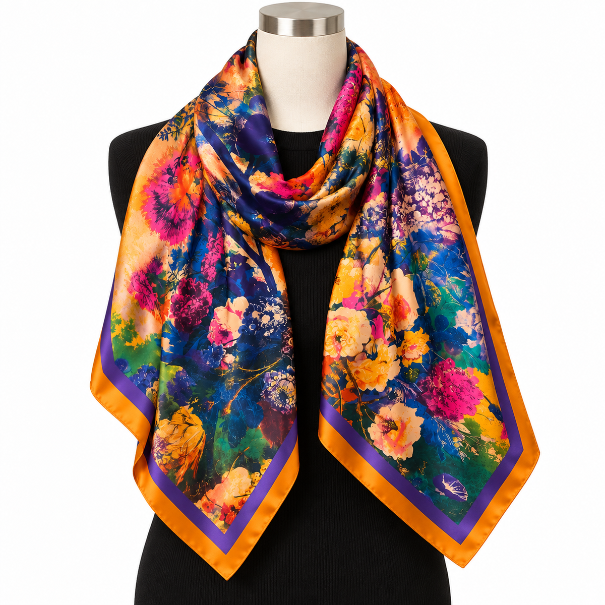 Floral Bouquet Silk-Feel Satin Wrap Scarf