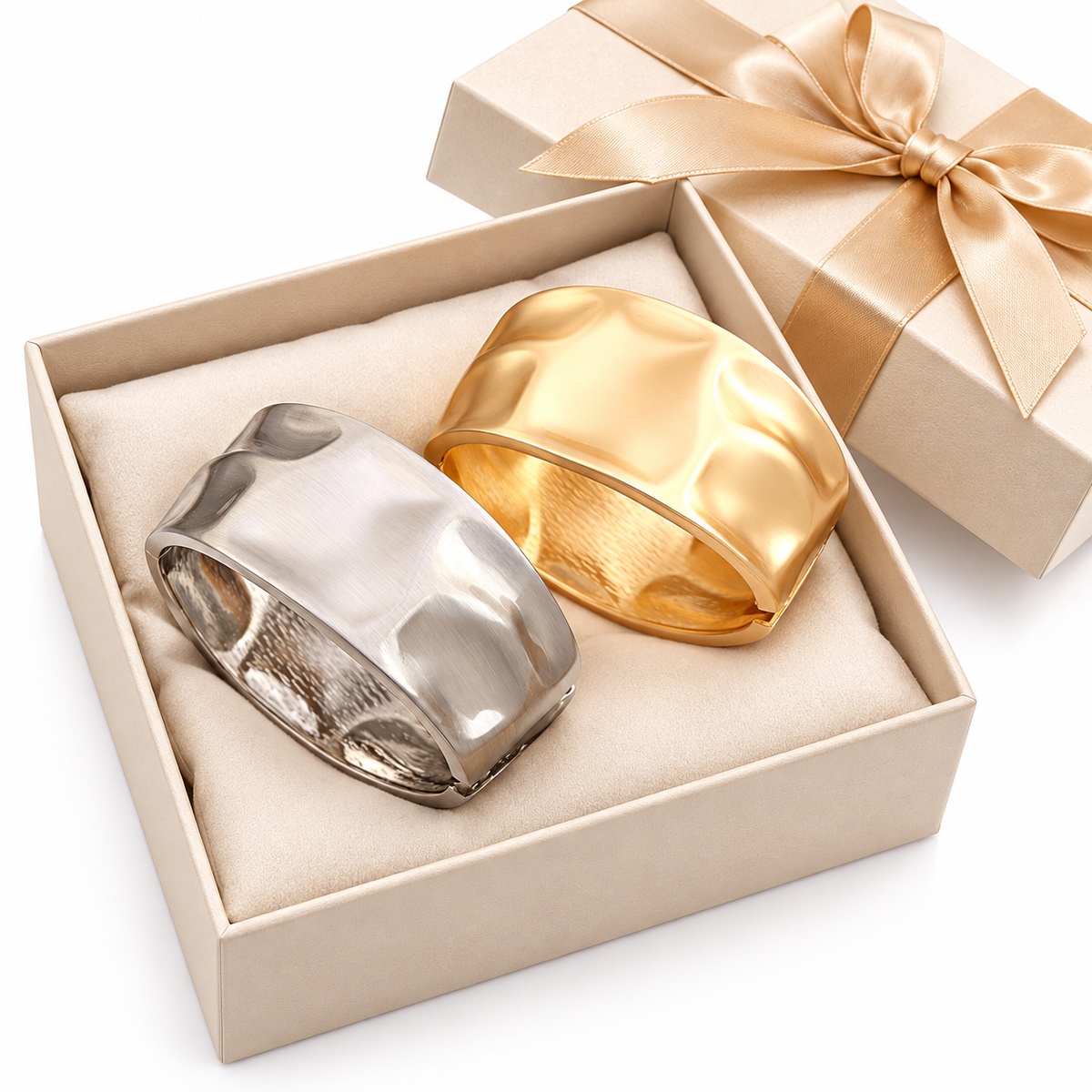 Hammered Cuff Bracelet Set for Women – Gold & Silver Tone, 2 Pieces