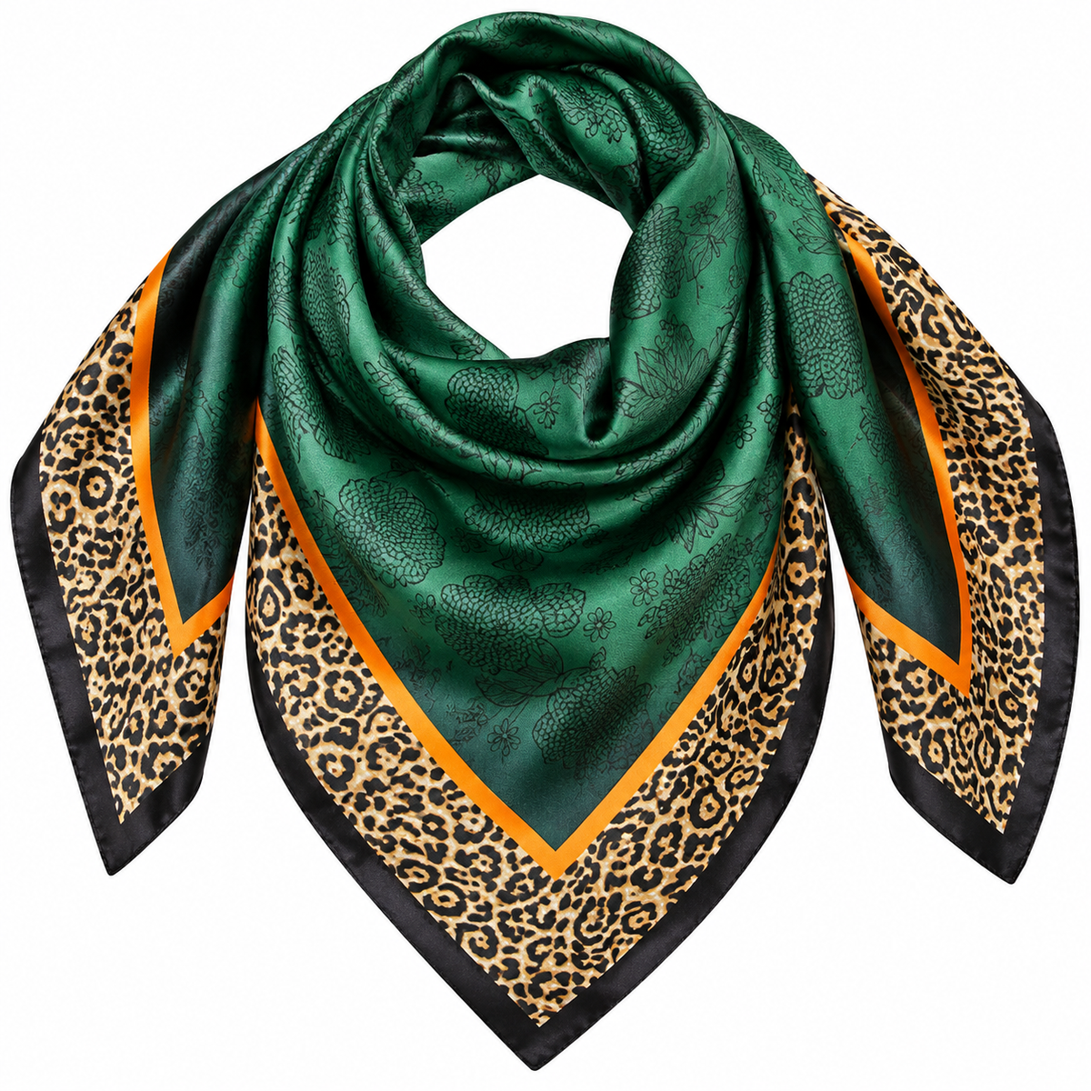 Emerald Green Floral & Leopard Border Silk-Feel Square Scarf