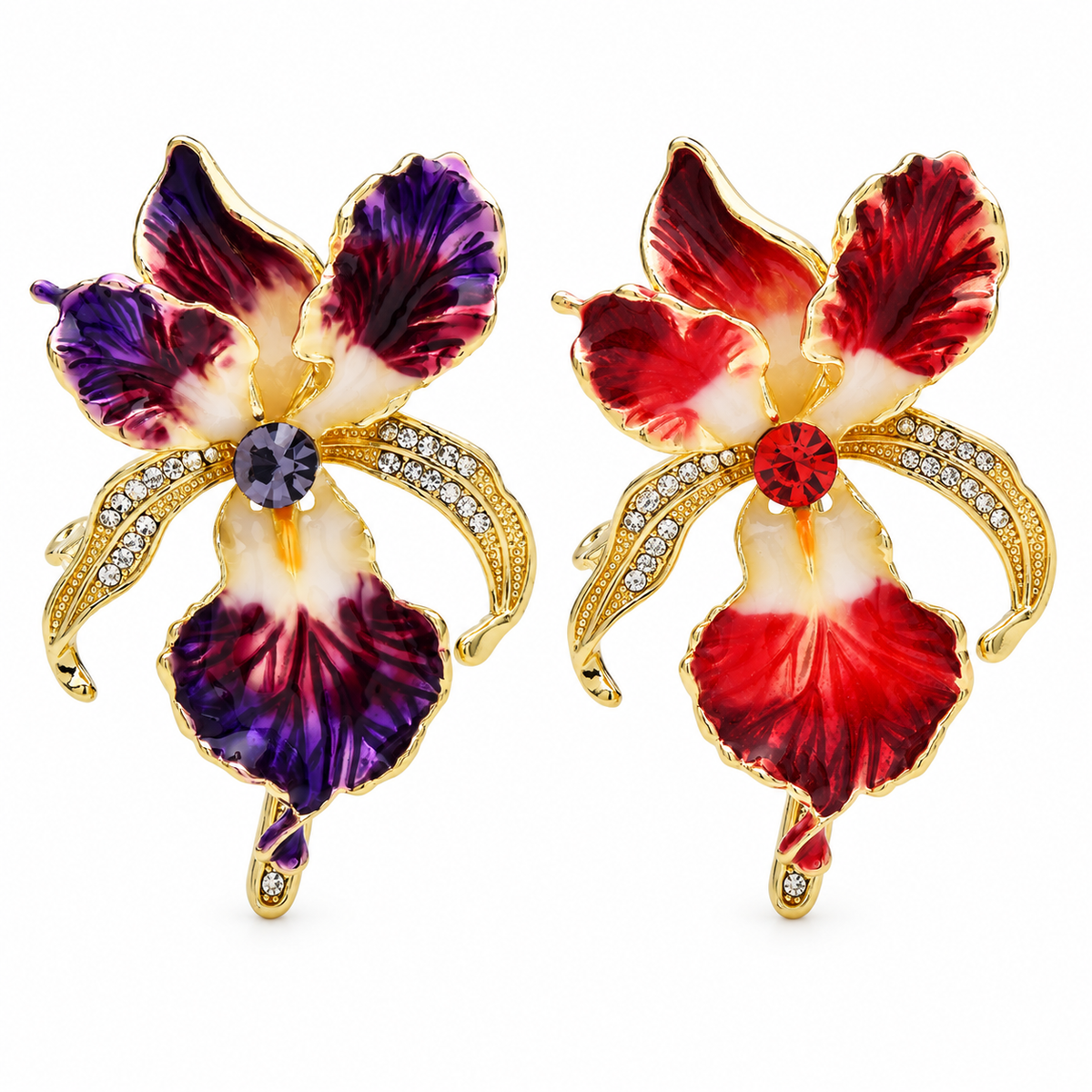 Purple & Red Orchid Enamel Crystal Brooch Set – 2 Pieces