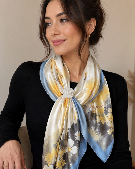 Silk Feel Floral Scarf Yellow Blue Large Shawl Wrap 180cm x 90cm