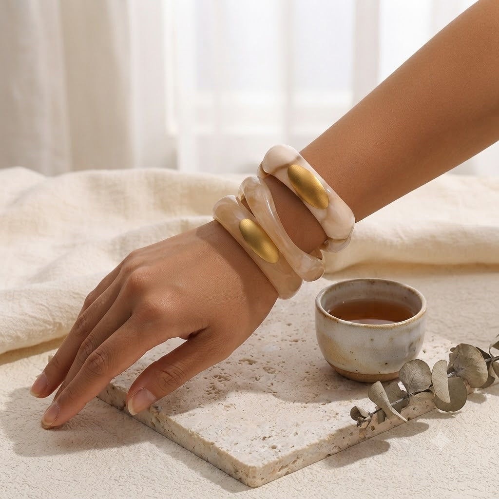 3 Piece Resin Metal Hinge Bangle Set Multi Tone Gold Accent Stackable Bracelets