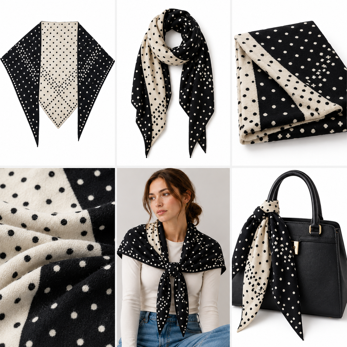 Black and Cream Polka Dot Wool Blend Scarf