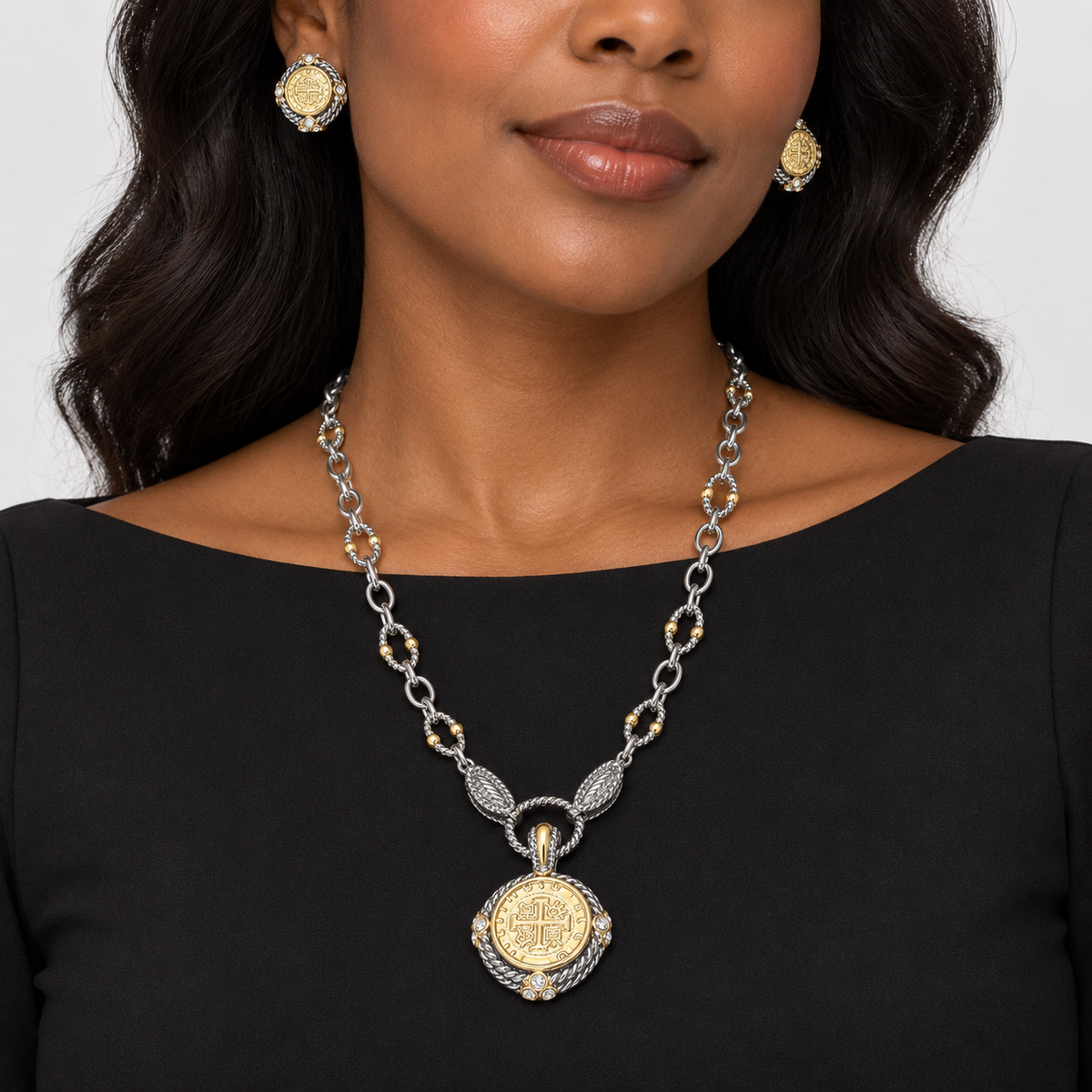 Two-Tone Coin Pendant Necklace & Clip-On Earrings Set in Silver & Gold