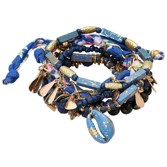 6pcs Boho Conch Shell Charm Beaded Stretch Layered Bracelet Set | Coastal Beach Stack Jewelry for Women