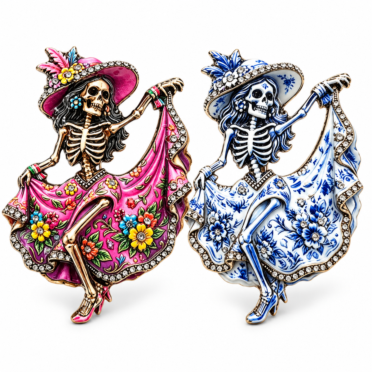2-Piece Day of the Dead Skeleton Lady Brooch Set