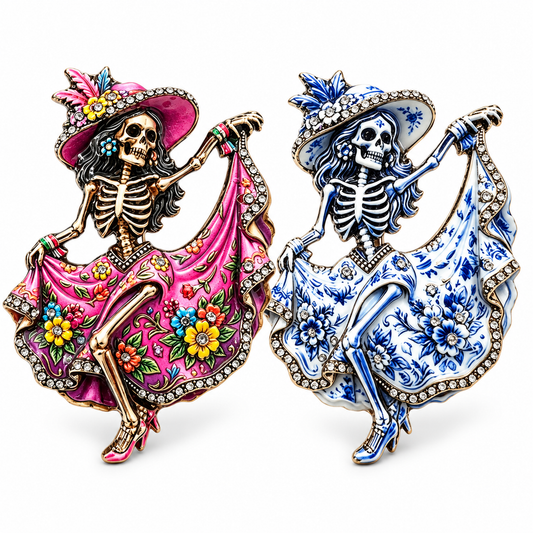 2-Piece Day of the Dead Skeleton Lady Brooch Set