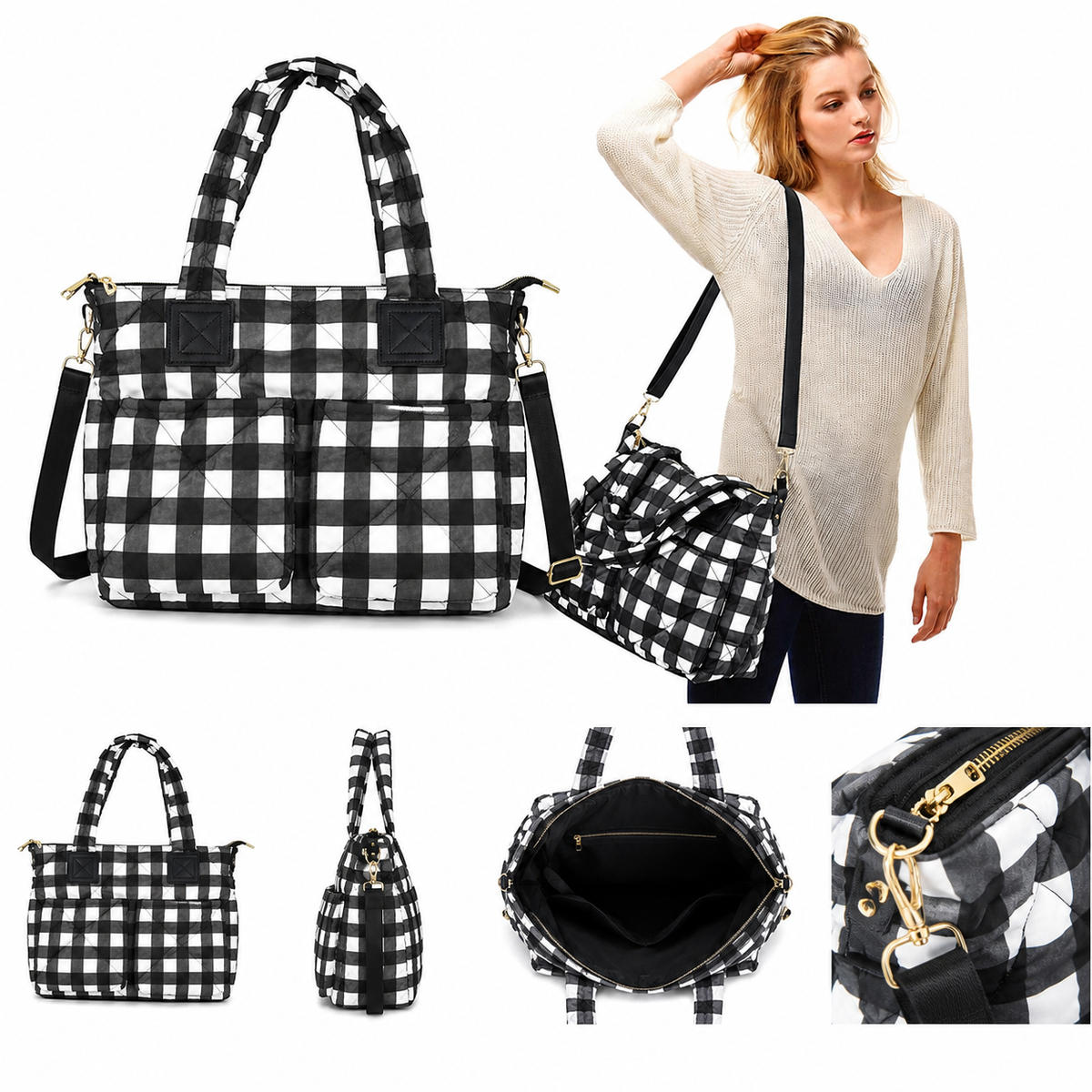 Buffalo Check Puffer Tote Bag Women’s Large Quilted Shoulder Handbag for Ladies